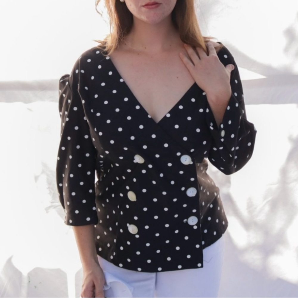 Vintage Black & White polka Dot double breasted bottom blazer jacket blouse